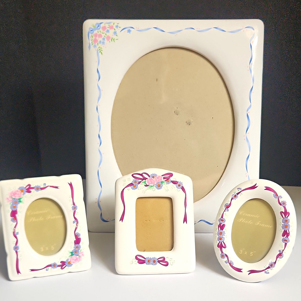 Vintage 4-Piece Ceramic Photo Frame Set Pastel Floral Ribbon Shabby Chic Cottage
